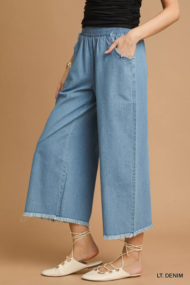 Umgee Washed Fringe Hem Wide Leg Jeans - THE AMERICAN BLUE