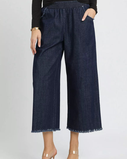 Umgee Washed Fringe Hem Wide Leg Jeans - THE AMERICAN BLUE