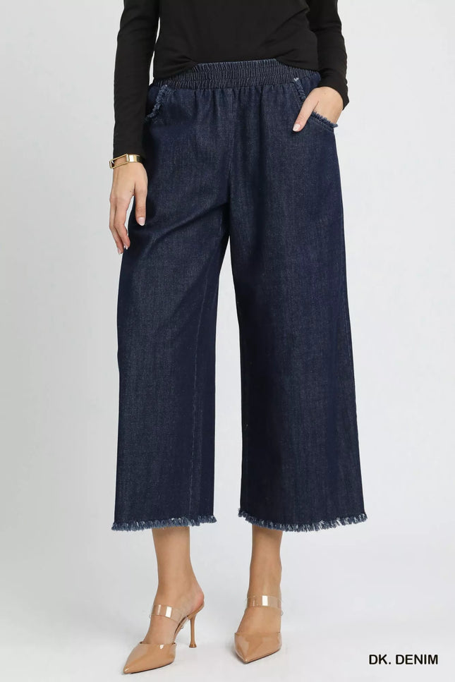Umgee Washed Fringe Hem Wide Leg Jeans - THE AMERICAN BLUE