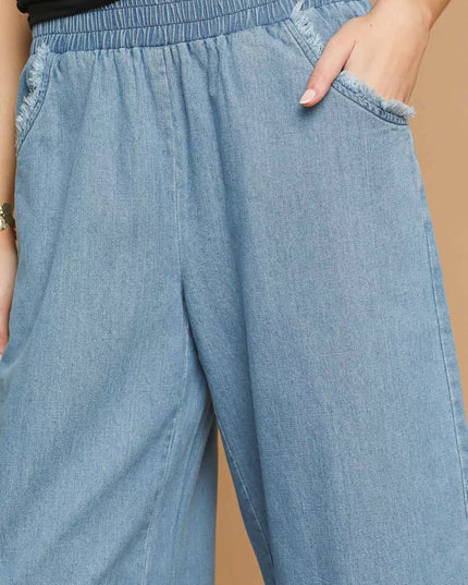 Umgee Washed Fringe Hem Wide Leg Jeans - THE AMERICAN BLUE