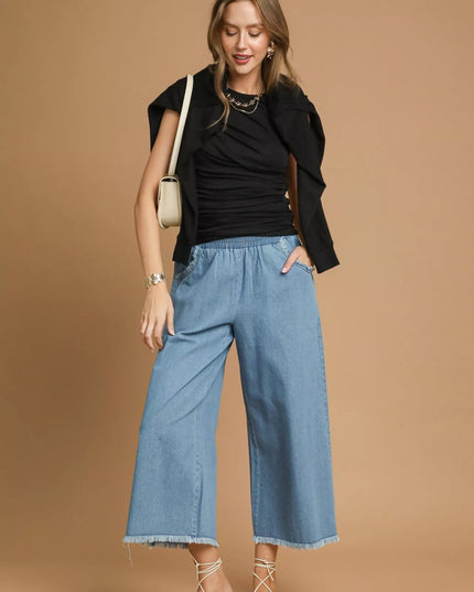 Umgee Washed Fringe Hem Wide Leg Jeans - THE AMERICAN BLUE