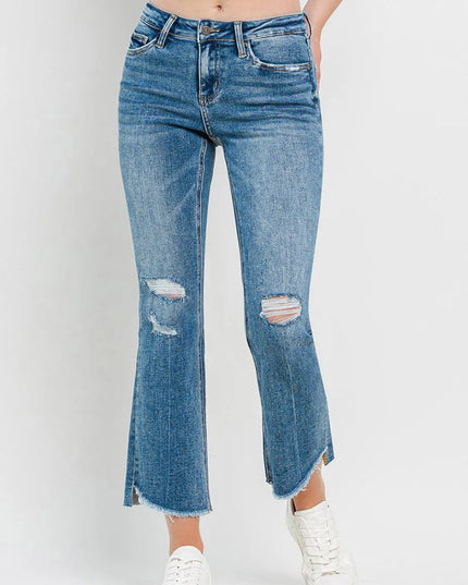 Vervet by Flying Monkey Full Size Mid Rise Distressed Cropped Flare Jeans - THE AMERICAN BLUE