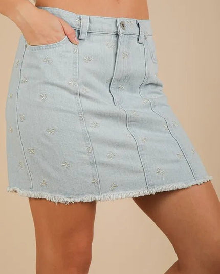 VERY J Bow Printed Casual Denim Mini Skirt - THE AMERICAN BLUE