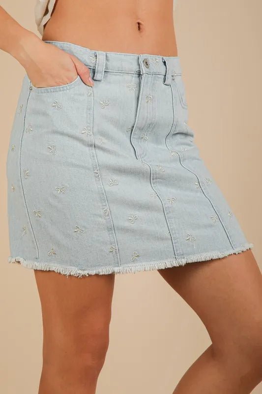 VERY J Bow Printed Casual Denim Mini Skirt - THE AMERICAN BLUE