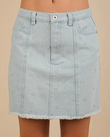 VERY J Bow Printed Casual Denim Mini Skirt - THE AMERICAN BLUE