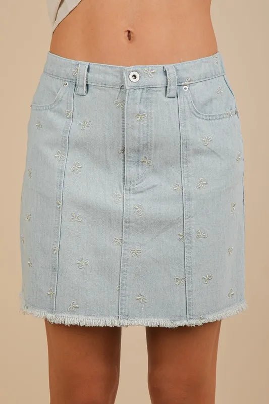 VERY J Bow Printed Casual Denim Mini Skirt - THE AMERICAN BLUE