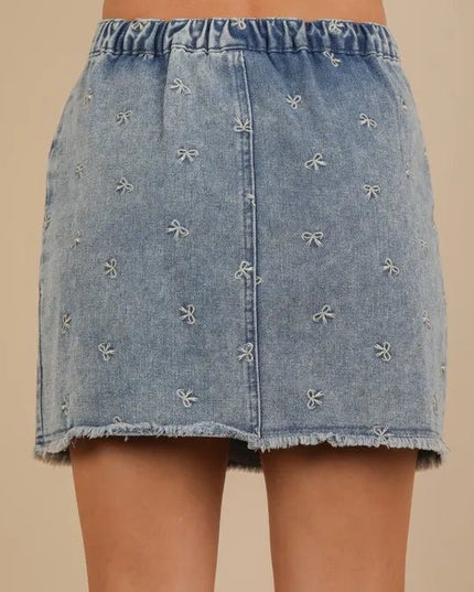 VERY J Bow Printed Casual Denim Mini Skirt - THE AMERICAN BLUE