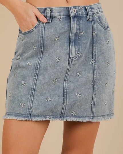 VERY J Bow Printed Casual Denim Mini Skirt - THE AMERICAN BLUE