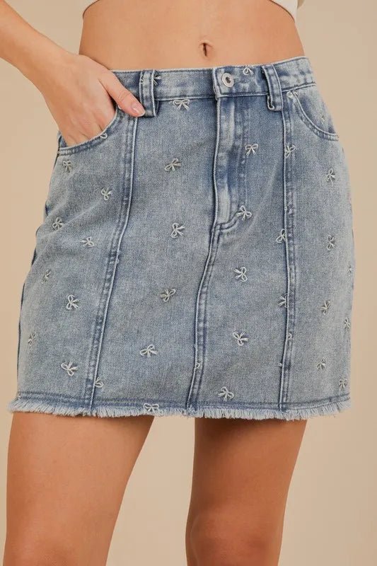 VERY J Bow Printed Casual Denim Mini Skirt - THE AMERICAN BLUE