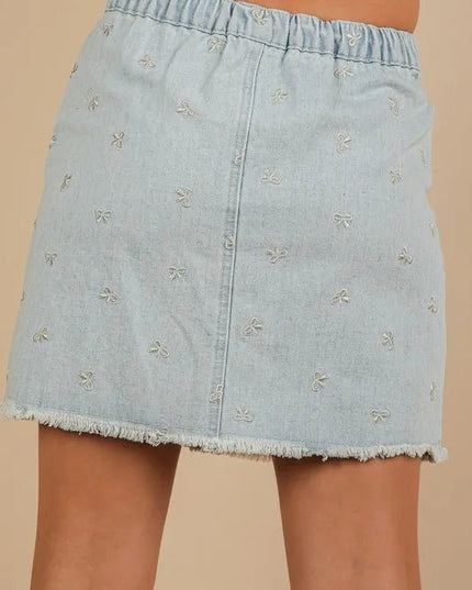 VERY J Bow Printed Casual Denim Mini Skirt - THE AMERICAN BLUE