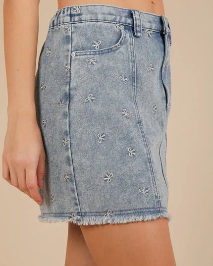 VERY J Bow Printed Casual Denim Mini Skirt - THE AMERICAN BLUE