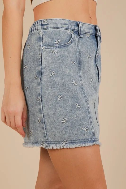 VERY J Bow Printed Casual Denim Mini Skirt - THE AMERICAN BLUE