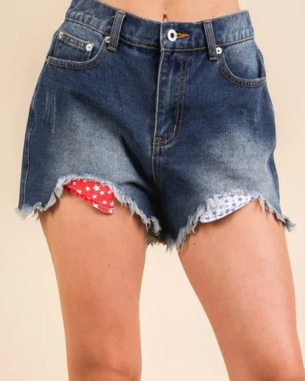 VERY J Raw Hem Pocketed Contrast Washed Denim Shorts - THE AMERICAN BLUE