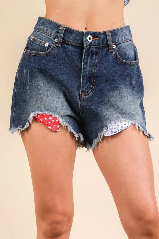 VERY J Raw Hem Pocketed Contrast Washed Denim Shorts - THE AMERICAN BLUE