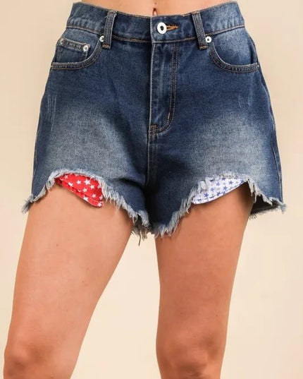VERY J Raw Hem Pocketed Contrast Washed Denim Shorts - THE AMERICAN BLUE