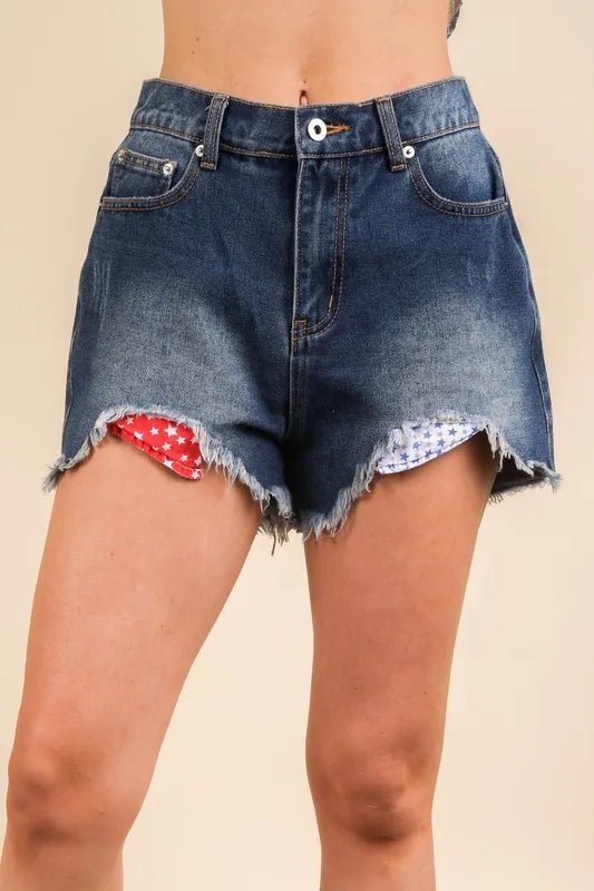 VERY J Raw Hem Pocketed Contrast Washed Denim Shorts - THE AMERICAN BLUE