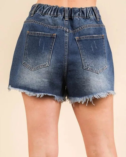 VERY J Raw Hem Pocketed Contrast Washed Denim Shorts - THE AMERICAN BLUE