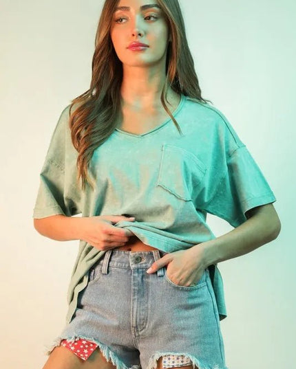 VERY J Raw Hem Pocketed Contrast Washed Denim Shorts - THE AMERICAN BLUE