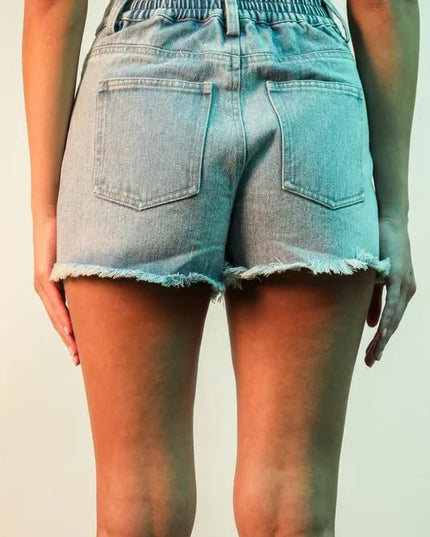 VERY J Raw Hem Pocketed Contrast Washed Denim Shorts - THE AMERICAN BLUE