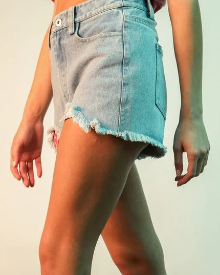 VERY J Raw Hem Pocketed Contrast Washed Denim Shorts - THE AMERICAN BLUE