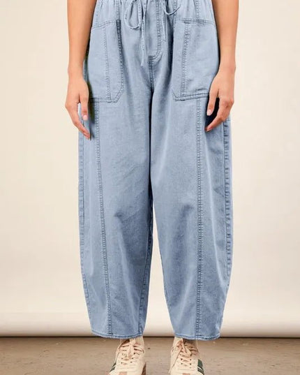 VERY J Washed Chambray Barrel Denim Pants - THE AMERICAN BLUE