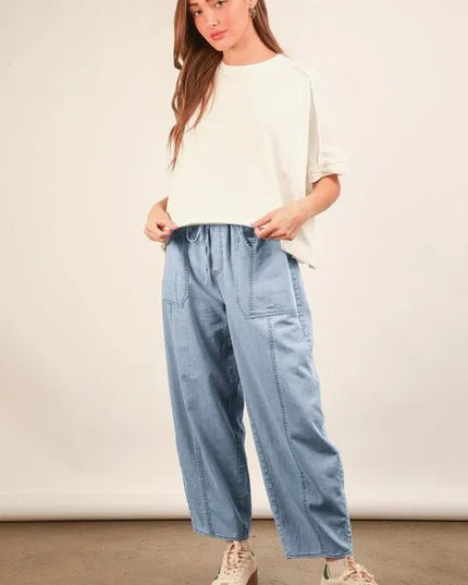 VERY J Washed Chambray Barrel Denim Pants - THE AMERICAN BLUE