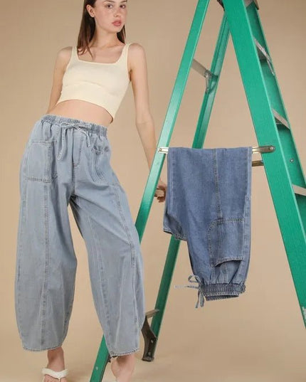 VERY J Washed Chambray Barrel Denim Pants - THE AMERICAN BLUE
