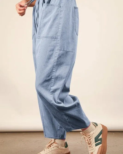 VERY J Washed Chambray Barrel Denim Pants - THE AMERICAN BLUE