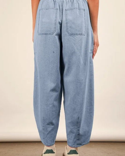 VERY J Washed Chambray Barrel Denim Pants - THE AMERICAN BLUE