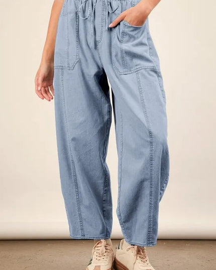 VERY J Washed Chambray Barrel Denim Pants - THE AMERICAN BLUE