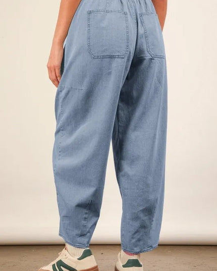 VERY J Washed Chambray Barrel Denim Pants - THE AMERICAN BLUE