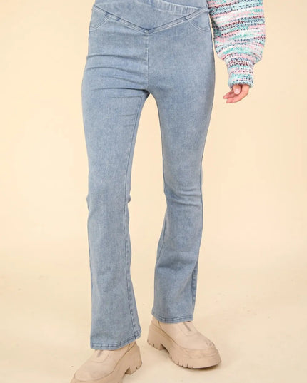 VERY J Washed Denim Stretchy Crossover Waist Leggings - THE AMERICAN BLUE
