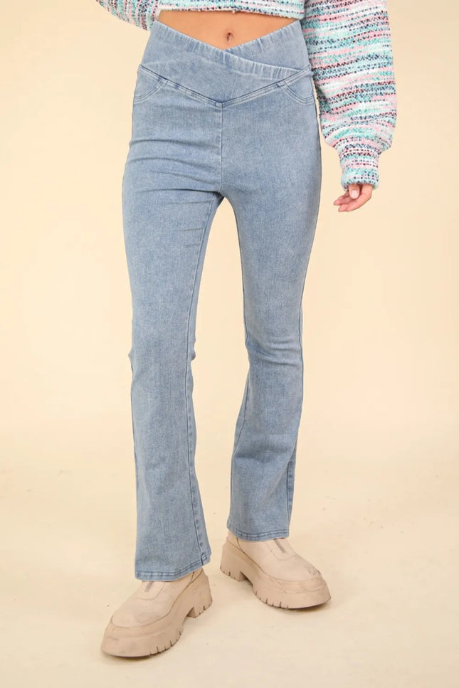 VERY J Washed Denim Stretchy Crossover Waist Leggings - THE AMERICAN BLUE