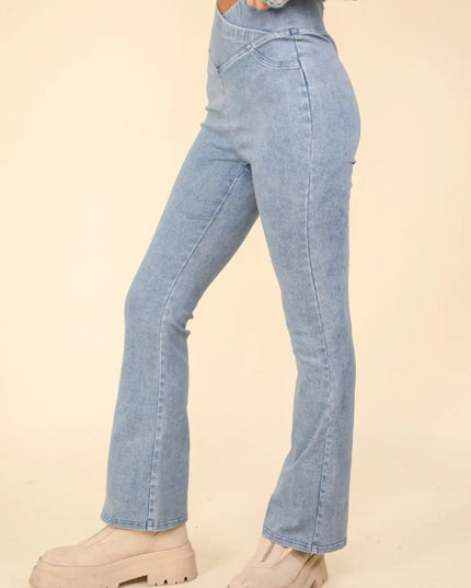 VERY J Washed Denim Stretchy Crossover Waist Leggings - THE AMERICAN BLUE