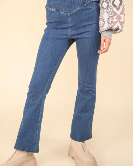 VERY J Washed Denim Stretchy Crossover Waist Leggings - THE AMERICAN BLUE