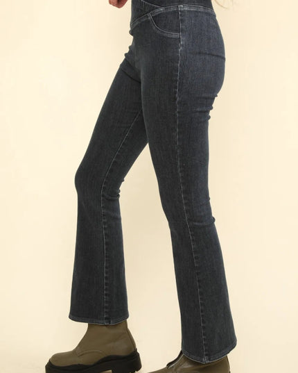VERY J Washed Denim Stretchy Crossover Waist Leggings - THE AMERICAN BLUE