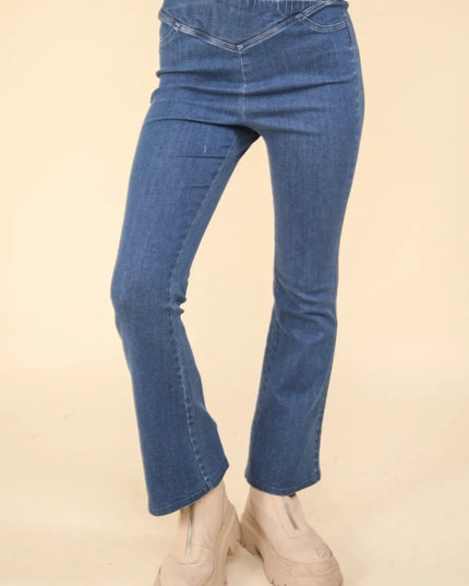 VERY J Washed Denim Stretchy Crossover Waist Leggings - THE AMERICAN BLUE