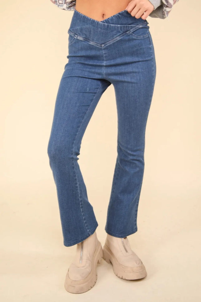 VERY J Washed Denim Stretchy Crossover Waist Leggings - THE AMERICAN BLUE