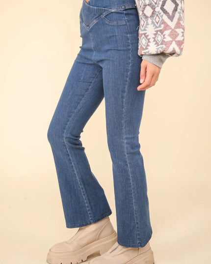 VERY J Washed Denim Stretchy Crossover Waist Leggings - THE AMERICAN BLUE