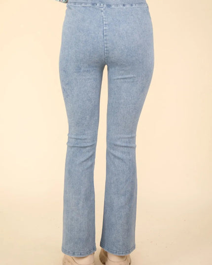 VERY J Washed Denim Stretchy Crossover Waist Leggings - THE AMERICAN BLUE