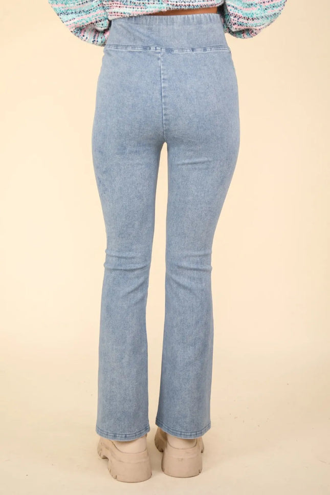 VERY J Washed Denim Stretchy Crossover Waist Leggings - THE AMERICAN BLUE