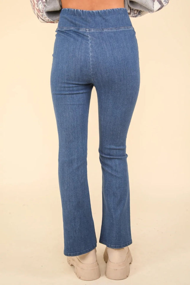 VERY J Washed Denim Stretchy Crossover Waist Leggings - THE AMERICAN BLUE