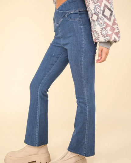 VERY J Washed Denim Stretchy Crossover Waist Leggings - THE AMERICAN BLUE