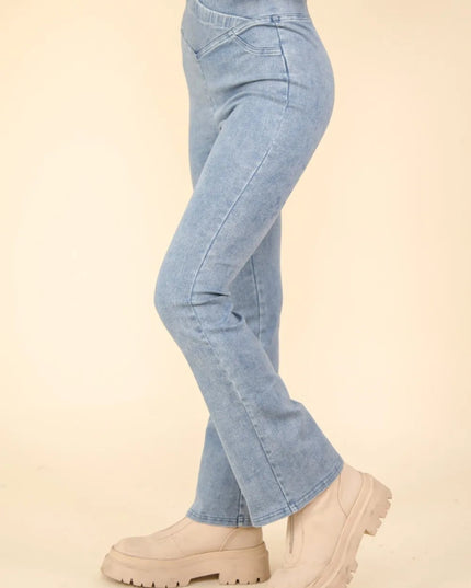 VERY J Washed Denim Stretchy Crossover Waist Leggings - THE AMERICAN BLUE