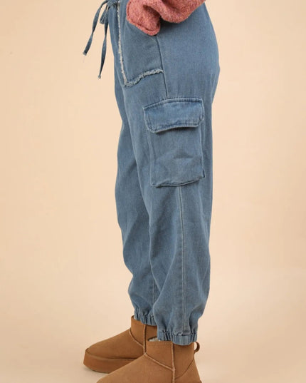 VERY J Washed Drawstring Jogger Cargo Jeans - THE AMERICAN BLUE