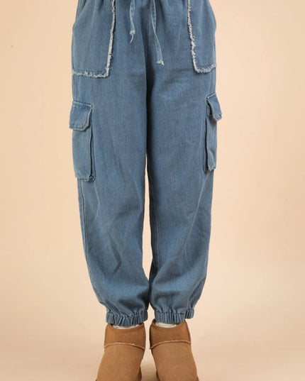 VERY J Washed Drawstring Jogger Cargo Jeans - THE AMERICAN BLUE