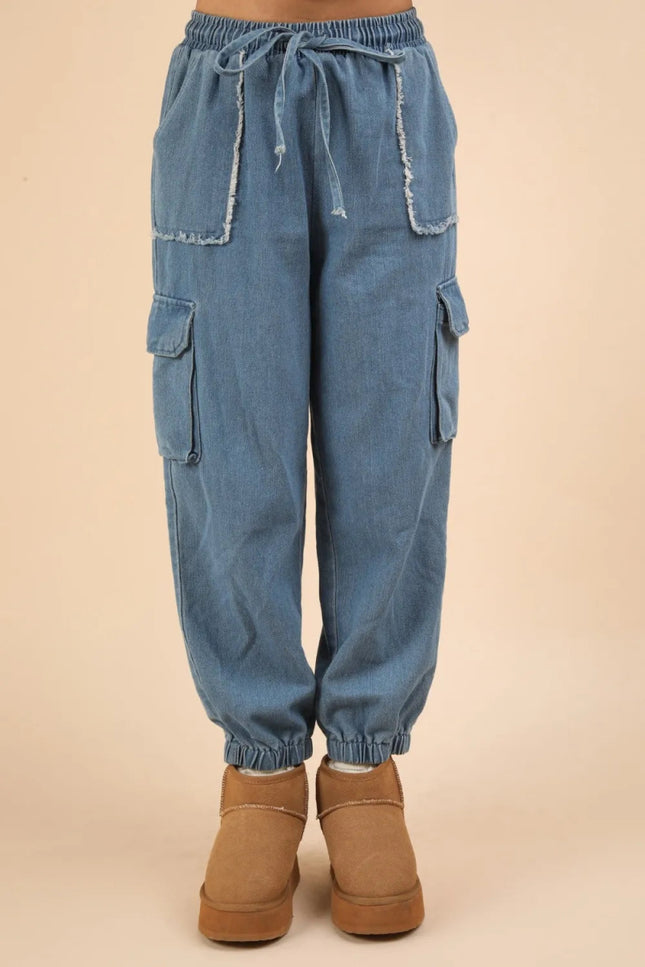 VERY J Washed Drawstring Jogger Cargo Jeans - THE AMERICAN BLUE