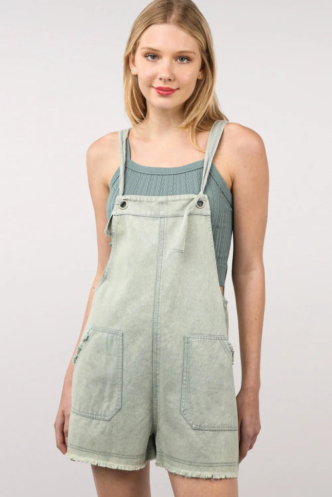 VERY J Washed Frayed Hem Denim Overall - THE AMERICAN BLUE