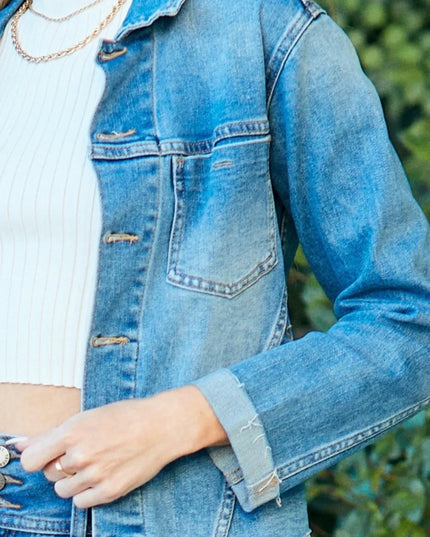 Veveret Button Up Raw Hem Denim Jacket - THE AMERICAN BLUE
