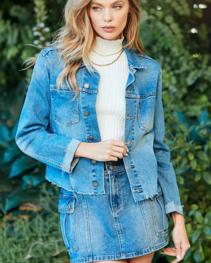 Veveret Button Up Raw Hem Denim Jacket - THE AMERICAN BLUE